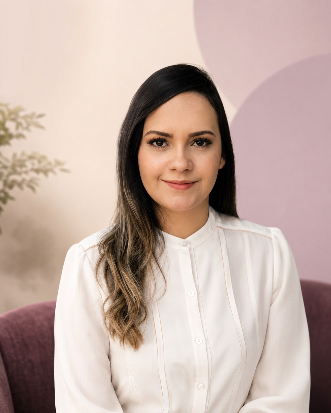 Retrato de Brenna Andrade, psicóloga, sentada em uma poltrona, com camisa branca